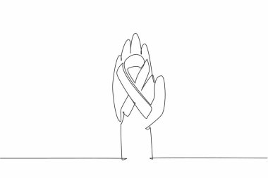 Avuç içinin açık olduğu tek bir çizgi, kanser sembolü oluşturan bir kurdeleye sahiptir. Birbirimize yardım etmenin sembolü. Hayır işleri için olumlu faaliyetler. Dünya Kanser Günü. Devamlı çizgi tasarımı grafik çizimi