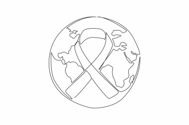 Continuous one line drawing ribbon forming cancer campaign symbol with a globe background. Cancer exists. Prevent early. Make world aware. World Cancer Day. Single line draw design vector illustration clipart