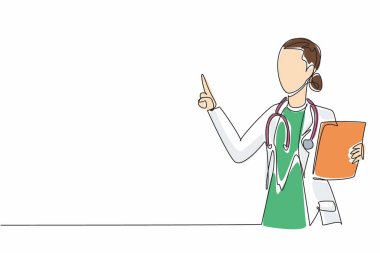 Tek sıra halinde elinde dosya tutan kadın doktor. Liderlik, bilgi ve kendini işine adamak. Her zaman katkıda bulun. Ulusal Kadın Hekimler Günü. Devamlı çizgi tasarımı grafik çizimi