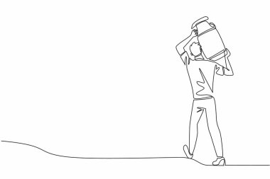 Süt kabı taşıyan tek sıra halinde erkek çiftçi. Çiftlikten taze süt getirdim. Süt işleme endüstrisi. Ulusal Çiftlik Hayvanları Günü. Bir çizgi tasarımı vektör illüstrasyonu