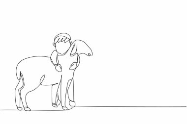 Sürekli bir çizgi halinde küçük çocuğu koyunlara sarılıyor. İlk evcil hayvanı sevmek. Hayvancılık ruhuna sahip olmak için. Ulusal Çiftlik Hayvanları Günü. Tek çizgi çizimi tasarım vektör çizimi