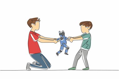 Continuous one line drawing two brothers fighting over a toy robot. Common conflicts in children. Fighting for unnecessary rights. National Siblings Day. Single line draw design vector illustration clipart