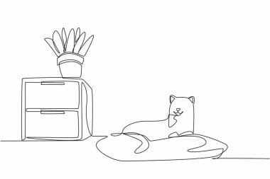 Yastığın üzerine kedi çizen bir çizgi devam ediyor. Oturma odasında efendiyi beklerken dinleniyorum. Sahte saksı. Sevimli. Ulusal Hayvan Günü. Tek çizgi çizimi tasarım vektör çizimi