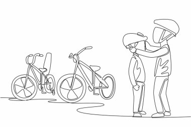 Birader 'in sürekli çizdiği tek çizgi küçük kardeşine bisiklet kaskı takmasına yardımcı oluyor. Övgüye değer özellikler. Aile üyeleri birbirini sever. Ulusal Kardeşler Günü. Bir çizgi tasarımı vektör illüstrasyonu