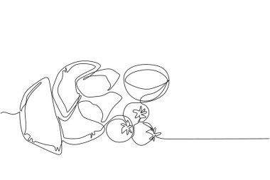 Devamlı bir çizgi halinde yığılmış börek börekleri ikiye bölündü. Domates ve sosla yendiğinde tadı daha güzel oluyor. Lezzetli. Ulusal Empanada Günü. Tek çizgi çizimi tasarım vektör çizimi