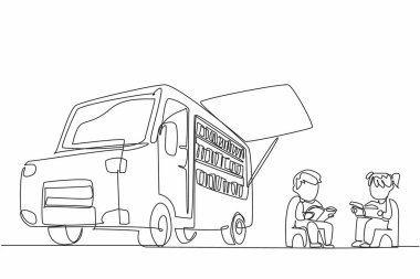 Sürekli bir satır halinde, kitap okuyan küçük çocukları gezici kütüphanenin yanında otururken çiziyor. Okuma hobisini yönlendiriyorum. Odaklan. Ulusal Kütüphane Gezici Günü. Tek çizgi çizimi tasarım vektör çizimi