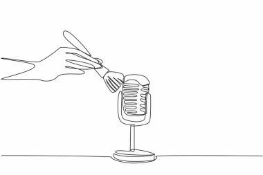 Sürekli bir çizgi çizerek mikrofonu fırçayla siliyor. Gök gürültülü bir ses çıkarıyor. Filmlerdeki gibi görsel efektler. Yaratıcı. Uluslararası ASMR Günü. Tek çizgi çizimi tasarım vektör çizimi