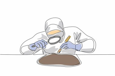 Tek sıra halinde insanların PPE giyip büyük kaya parçalarını kontrol etmelerini sağlıyor. Taşın yoğunluğunu kontrol et. Önemli bilgilere ihtiyacım var. Jeologlar Günü. Bir çizgi tasarımı vektör illüstrasyonu