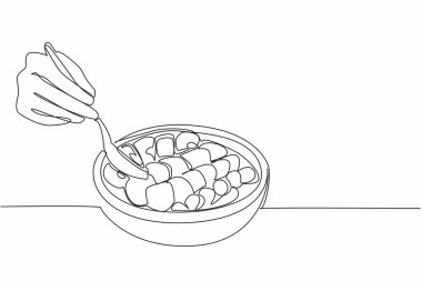 Continuous one line drawing people scooping from wooden acai bowl containing pieces of several fruits. Contains lots of vitamins. National Acai Bowl Day. Single line draw design vector illustration