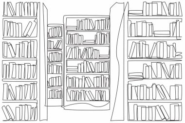 Koridor oluşturmak için tek sıra halinde sıra halinde dizilmiş kitaplıklar. Kütüphanenin planı ziyaretçiler için işleri kolaylaştırıyor. Dekorasyon. Ulusal Kütüphane Günü. Bir çizgi tasarımı vektör illüstrasyonu