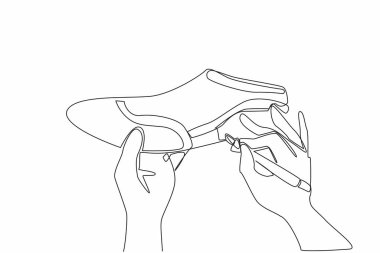 Tek bir sürekli çizgi, bir işaretleyici kullanarak bir ayakkabının yüzeyine iki el çiziyor. Bir ayak sehpasına yerleştirildiğinde bile güzel sanat eserleri. Ulusal El Yapımı Günü. Bir çizgi tasarımı vektör illüstrasyonu