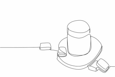 Kapalı bir kavanoza karamelli sıvı ve karamelli parçalar çizen tek bir çizgi. Erimiş karamel şekerler. Lezzetli bir tat. Ulusal Karamel Günü. Bir çizgi tasarımı vektör illüstrasyonu