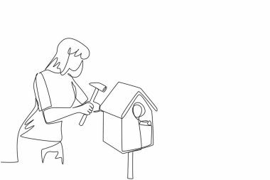 Single continuous line drawing a woman making a wooden birdhouse. Expressing creativity with tools. Home for new pets. Strong woman. Creative. National DIY Day. One line design vector illustration clipart