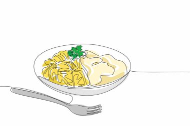 Tek sıra halinde fettuccini carbonara tabağı servis edilmeye hazır. Ağzına lezzet katan kremalı sos. İnanılmaz bir zevk. Ulusal Carbonara Günü. Bir çizgi tasarımı vektör illüstrasyonu