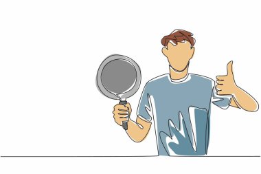 Tek çizgi çizen adam, teflon tavasını tut ve baş parmak hareketi yap. Yemek yapmayı ve temizlik yapmayı kolaylaştırıyor. Mükemmel pişmiş yemek. Ulusal Teflon Günü. Devamlı çizgi tasarımı grafik çizimi