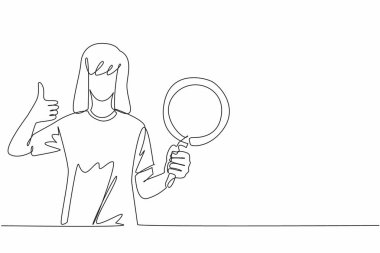 Devamlı bir çizgi çizen kadın teflon tavasını tutuyor ve başparmak hareketi yapıyor. Etkileyici yemek pişirme deneyimi. Yapışmaz. Muhteşemdi. Ulusal Teflon Günü. Tek çizgi çizimi tasarım vektör çizimi