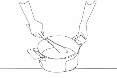 Tek sıra halinde bir tava karamelli sıvıyı büyük bir tahta kaşıkla karıştırıyor. Ev yapımı karamel. Mükemmel bir karışım yapıyorum. Ulusal Karamel Günü. Bir çizgi tasarımı vektör illüstrasyonu