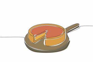 Kesme tahtasına bir dilim kesilmiş kalın pizza çizmeye devam et. Kalın ve lezzetli pizza. Chicago tarzı. Ulusal Derin Bulaşık Pizza Günü. Tek çizgi çizimi tasarım vektör çizimi