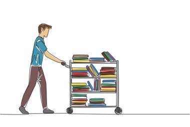 Kitaplarla dolu bir yük arabasını iten erkek kütüphaneciyi çizen tek sıra. Bakım önlemleri. Birçok kitaba zarar gelmesin. Ulusal Okul Kütüphanecileri Günü. Bir çizgi tasarımı vektör illüstrasyonu