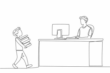 Erkek kütüphaneciye kitap yığını taşıyan tek sıra çizen çocuk. İade edilecek kayıt defterleri üzerinde çalış. Bağlılık. Ulusal Okul Kütüphanecileri Günü. Devamlı çizgi tasarımı grafik çizimi