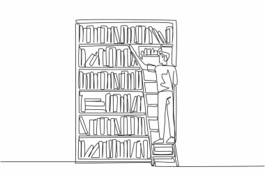 Single continuous line drawing a male librarian climbing bookshelf with ladder. Taking a book that is not in the right place. Sort. National School Librarian Day. One line design vector illustration clipart