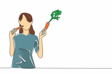 Gündelik giysiler içinde tek sıra halinde bir kadın çiziyor havucu tutuyor ve yiyor. Hasattan hemen sonra yenmiş. Tatlı ve sağlıklı. Uluslararası Havuç Günü. Bir çizgi tasarımı vektör illüstrasyonu
