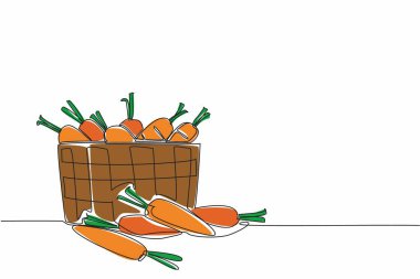 Yaprak uçlarıyla hasır sepetin içinde havuç çizmeye devam et. Hasat sonuçları çok tatmin edici. Sağlıklı. Uluslararası Havuç Günü. Tek çizgi çizimi tasarım vektör çizimi