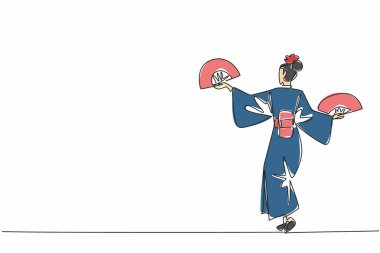 Sürekli çizen bir kadın iki elinde de kimono tutan kağıt yelpaze takıyor. Koreografide çok iyi. Birçok insanın hayranlığını davet ediyor. Hayran dansı günü. Tek çizgi çizimi tasarım vektör çizimi