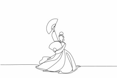 Tek sıra halinde Hanbok dansı yapan ve elinde kağıt vantilatör tutan bir kadın. Sıvı hareketleri çarpıcı hareketler sergiliyor. Hayran dansı günü. Devamlı çizgi tasarımı grafik çizimi