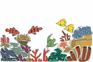 Continuous one line drawing coral reefs with various kinds of marine animals. Biodiversity in the sea. Place to find food. Breed. World Aquatic Animal Day. Single line draw design vector illustration clipart