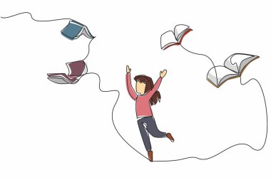 Defterleri çizen tek sıra uçar gider ve altında yatan kız tarafından yakalanmak ister. Okumak eğlencelidir. - Bilgi. Uluslararası Çocuk Kitapları Günü. Bir çizgi tasarımı vektör illüstrasyonu