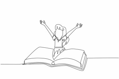 Single continuous line drawing a girl emerges from the middle of open thick book. Happy gesture. Almost finished the fairy tale. International of Children Book Day. One line design vector illustration clipart