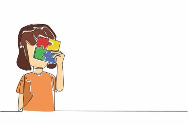 Dört parçalı kare bir yapboz tutan küçük bir kız çiziyor. Odaklanma yeteneği üzerinde olumlu etki. Tedavi için. Dünya Otizm Farkındalık Günü. Tek çizgi çizimi tasarım vektör çizimi