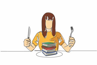 Tek sıra halinde, elinde çatal ve bıçakla sıradan kıyafetler içinde bir kadın çiziyor. Benzersiz bir metafor. Okumayı çok seviyor. İçgörü artıyor. Yenilebilir Kitap Günü. Devamlı çizgi tasarımı grafik çizimi