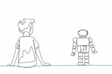 Tek çizgi çizen adam yanında oturan robot oyuncaktır. Her zaman sadık bir dost. Her zaman eşlik et. Dünya Otizm Farkındalık Günü. Devamlı çizgi tasarımı grafik çizimi