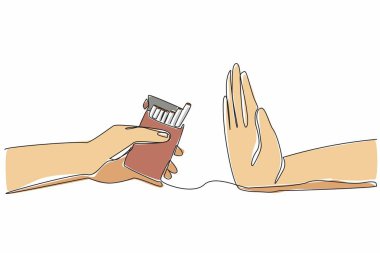 Tek sıra halinde çizilen bir el sigara paketini tutar ve diğer el de dur işareti yapar gibi kaldırılır. Gereksiz teklifleri reddet. Sigarayı bırak. Ayrıl. Bir çizgi tasarımı vektör illüstrasyonu