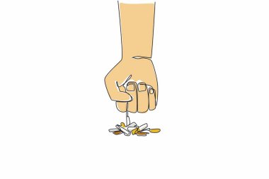 Continuous one line drawing clenched fist pointing down and wanting to hit the scattered cigarette fragments. Quit bad habits. Smoking is not good for body. Single line draw design vector illustration clipart