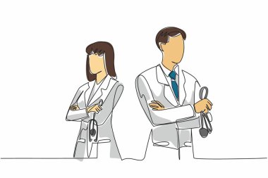 Tek sıra halinde kadın ve erkek doktorlar kollarını göğslerinde birleştirdiler. Steteskop elinde. Her zaman en iyisini ver. Doktorların ulusal günü. Bir çizgi tasarımı vektör illüstrasyonu