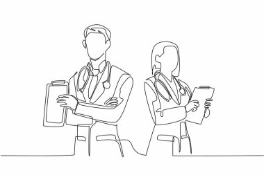 Tek sıra halinde ellerinde dosya tutan kadın ve erkek doktorlar. Görevdeki bir sonraki doktor için not al. Tıbbi kayıtlar. Doktorların ulusal günü. Devamlı çizgi tasarımı grafik çizimi