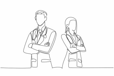 Erkek ve kadın doktorların, kolları çapraz, boyunları steteskopla durduğu bir çizgi. 24 saat beklemede kalın. Doktorların ulusal günü. Tek çizgi çizimi tasarım vektör çizimi