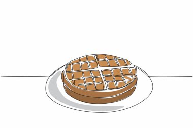 Yuvarlak tabağa waffle çizen tek bir çizgi. Waffle 'ın ilk tabakası. Yemekleri süslemek ve malzemeler eklemek. Memnun oldum. Uluslararası Waffle Günü. Devamlı çizgi tasarımı grafik çizimi