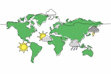 Birçok hava tahmini ikonu olan çeşitli bölgelerde dünya haritası çizen tek bir çizgi. Meteorologlar önümüzdeki birkaç gün için öngörü yapıyorlar. Dünya Meteoroloji Günü. Devamlı çizgi tasarımı grafik çizimi