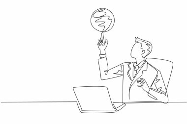 Single continuous line drawing businessman sitting in office chair spinning basketball on his finger. Forgetting work to play basketball. National Goof Off Day. One line design vector illustration clipart