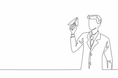 Tek sıra halinde işadamı kağıt uçağı tutuyor ve onu uçurmaya hazırlanıyor. Çocukluk nostaljisi tembellik etmek için harika bir bahane. Ulusal Hata Günü. Bir çizgi tasarımı vektör illüstrasyonu