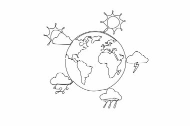 Beş hava tahmini ikonu ile dünyayı çevreleyen kesintisiz bir çizgi. İzliyorum. Açık hava aktivitelerinden önce hazırlık. Dünya Meteoroloji Günü. Tek çizgi çizimi tasarım vektör çizimi