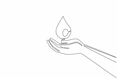 Tek sıra halinde palmiyeler su damlacıklarını yakalar. Su damlaları kurak mevsimin sonuna işaret ediyor. Bolca su. Minnettarlığını arttır. Dünya Su Günü. Bir çizgi tasarımı vektör illüstrasyonu