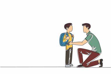 Sürekli bir çizgi çizerek baba çömeliyor, oğul okula gidiyor. Tavsiye ver. İyilik yapmaya devam etmek için olumlu bilgi ver. Ulusal Bekar Ebeveynler Günü. Tek çizgi çizimi tasarım vektör çizimi