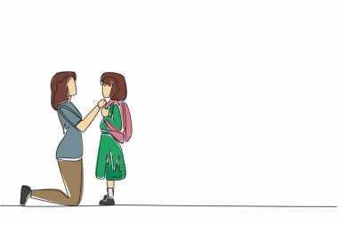 Tek sıra halinde dizlerinin üzerine çökmüş kızının gömleğini çiziyor. Okula gitmek için hazırlanmama yardım et. Gizli amaçlar olmadan. Ulusal Bekar Ebeveynler Günü. Bir çizgi tasarımı vektör illüstrasyonu