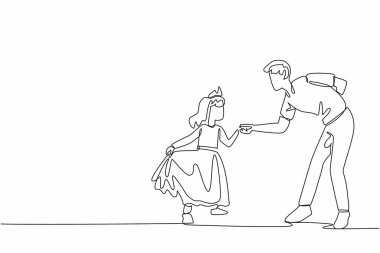 Tek sıra halinde bir baba, poz verdiği kızını tutarak eğiliyor. Prenses rolü yapmak. Kızı için bir rol modeli. Ulusal Bekar Ebeveynler Günü. Devamlı çizgi tasarımı grafik çizimi