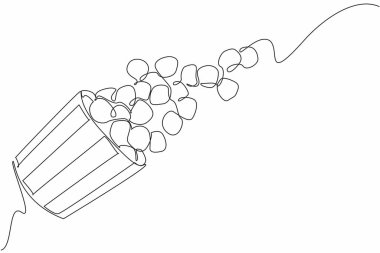 Karamelli patlamış mısırı çizgili bir kağıt kutudan uçuran tek bir çizgi. Atıştırmalık metaforu havada süzülüyor. Abur cubur. Ulusal Karamelli Patlamış Mısır Günü. Devamlı çizgi tasarımı grafik çizimi